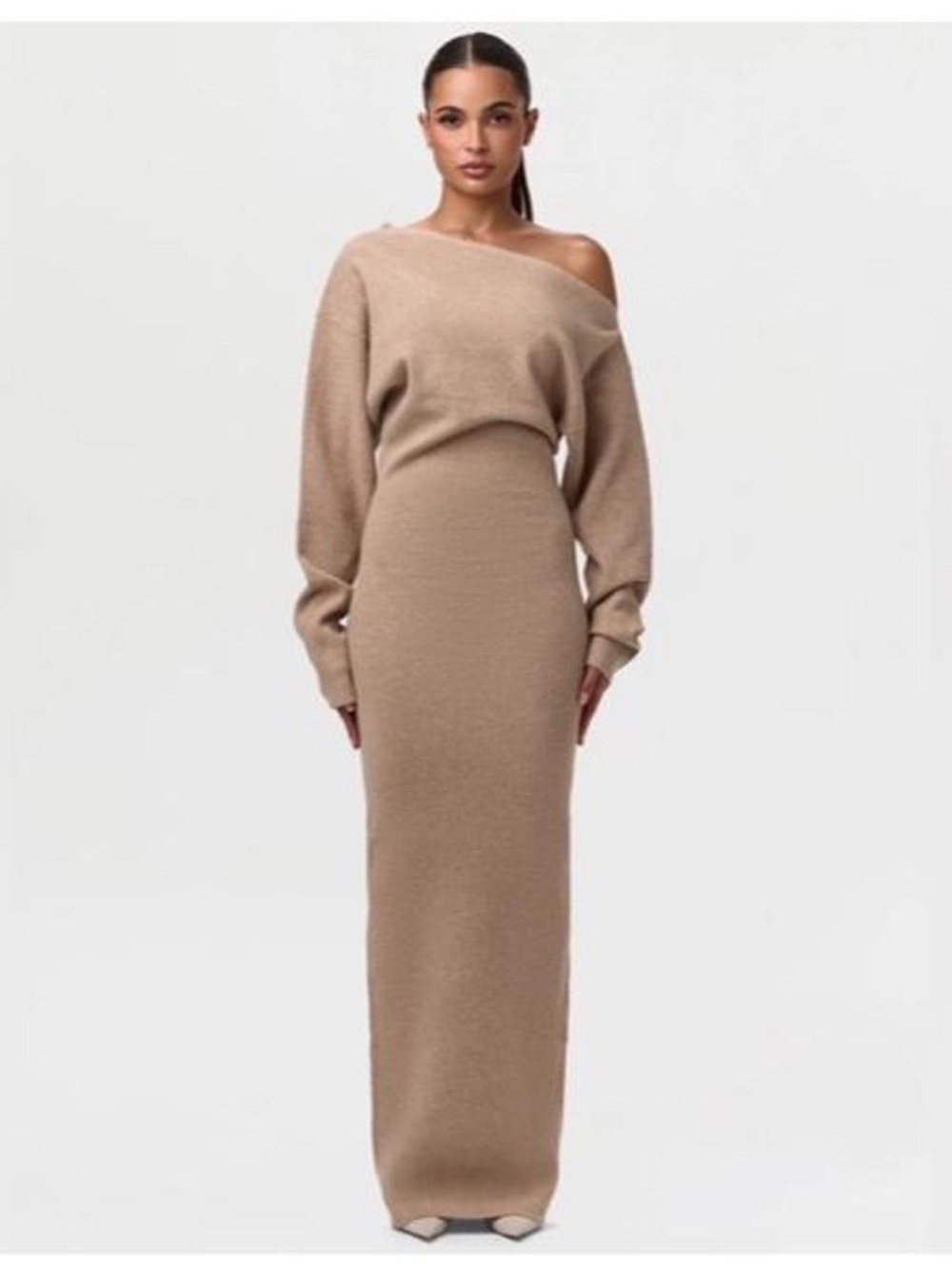 naked wardrobe taupe one-shoulder knit maxi dress